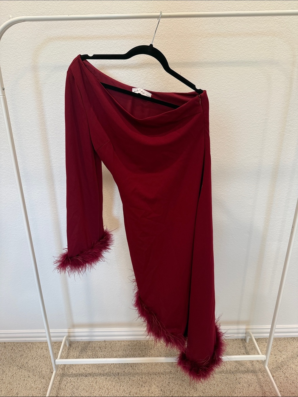 Petal & Pup One-Shoulder Feather Trim Dress in Burgundy